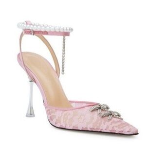 MACH & MACH Pink Lace Pearl Anklet and Diamanté Bow Party Bridal Heels 39/9